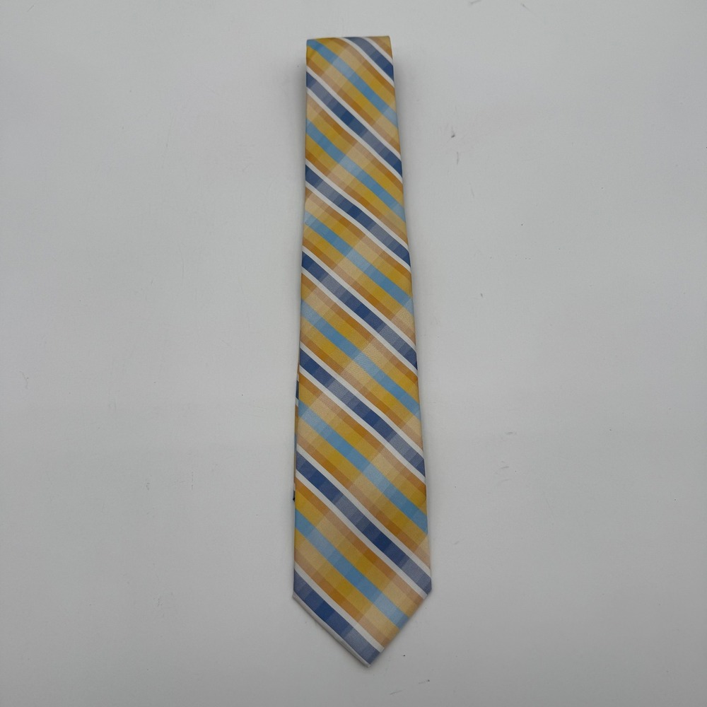Sun River Clothing Co Mens Yellow Blue Plaid Striped Polyester Necktie NWT